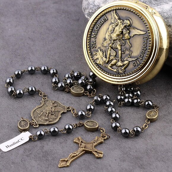 Saint Michael Hematite Black Beads Catholic Rosary Necklace with Gold Plated Met - Picture 9 of 9